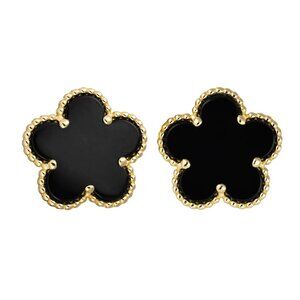 Clover 5 Leave Stud Earrings 18k GP 925 Sterling Silver / Black Onyx